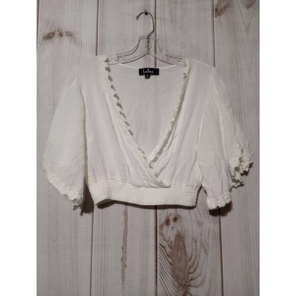 Lulu's Shirt Ladies Extra Small White Crop Top Bell Sleeve Deep VNeck - Picture 1 of 8